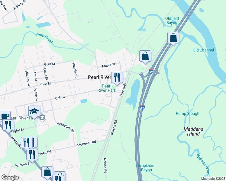 map of restaurants, bars, coffee shops, grocery stores, and more near 39481 Tupelo Street in Pearl River
