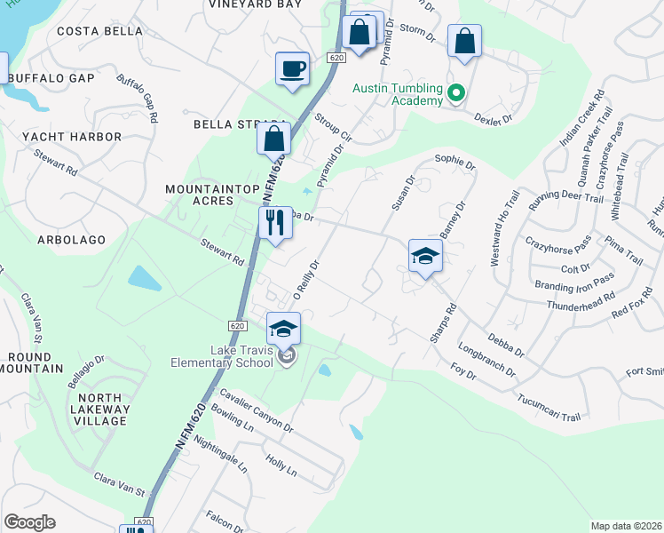 map of restaurants, bars, coffee shops, grocery stores, and more near 15401 Debba Drive in Lakeway