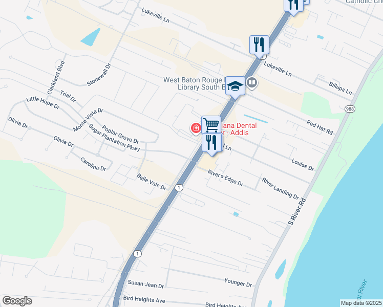 map of restaurants, bars, coffee shops, grocery stores, and more near West Frontage Road in Addis