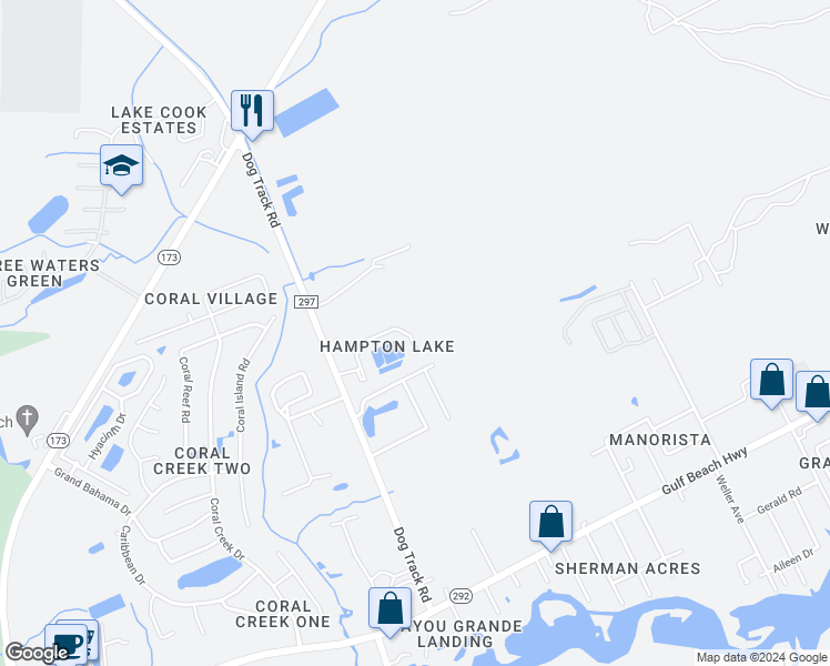 map of restaurants, bars, coffee shops, grocery stores, and more near 9604 Cobblebrook Drive in Pensacola