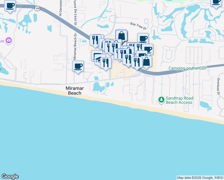 map of restaurants, bars, coffee shops, grocery stores, and more near 15 Lake Court in Miramar Beach