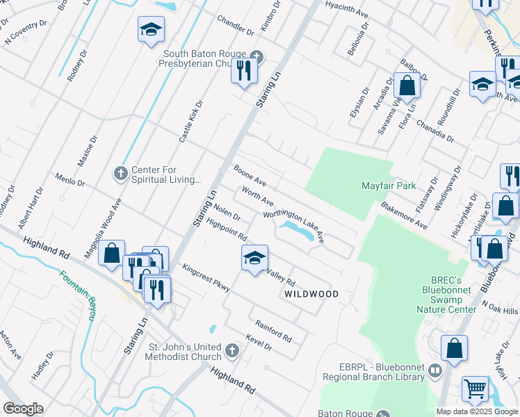 map of restaurants, bars, coffee shops, grocery stores, and more near 9107 Worthington Lake Avenue in Baton Rouge