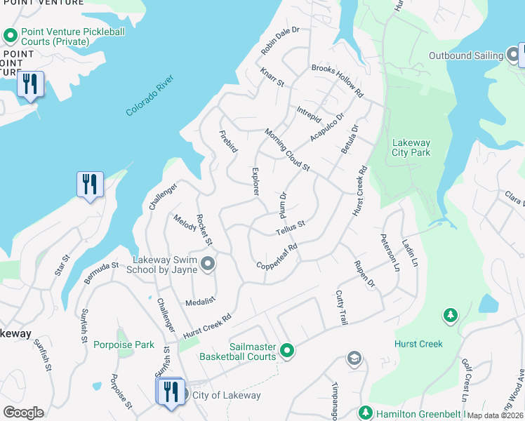map of restaurants, bars, coffee shops, grocery stores, and more near 103 Plum Cove in Lakeway