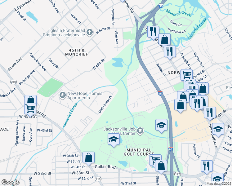 map of restaurants, bars, coffee shops, grocery stores, and more near 1492 Golf Forest Drive in Jacksonville