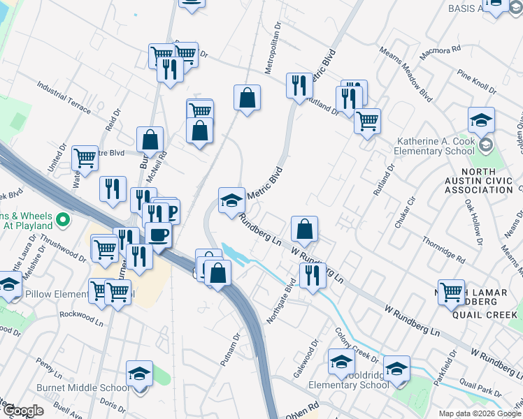 map of restaurants, bars, coffee shops, grocery stores, and more near 9413 Metric Boulevard in Austin