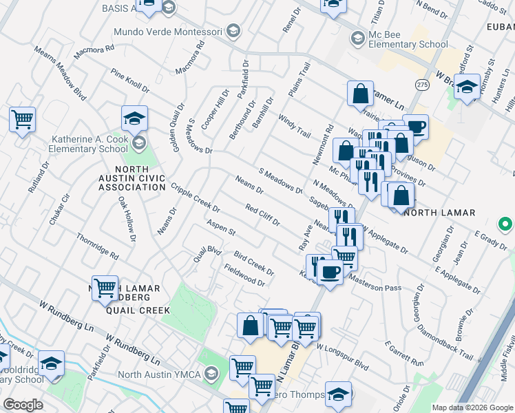 map of restaurants, bars, coffee shops, grocery stores, and more near 1009 Neans Drive in Austin