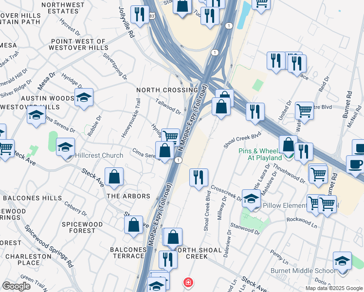 map of restaurants, bars, coffee shops, grocery stores, and more near 122221 MoPac Expressway in Austin