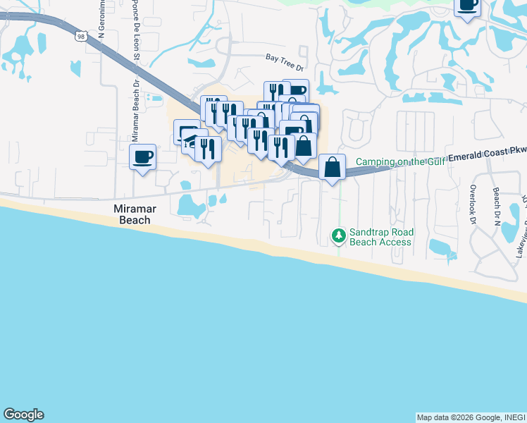 map of restaurants, bars, coffee shops, grocery stores, and more near Norwood Drive in Miramar Beach