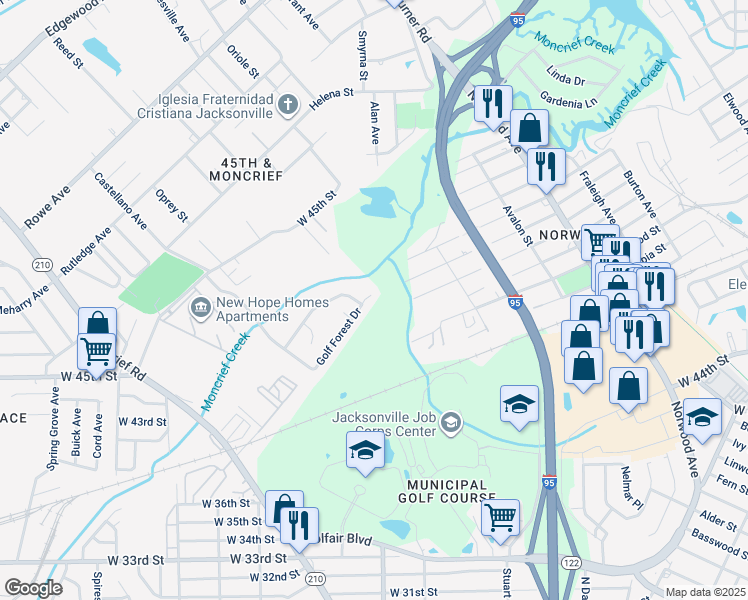 map of restaurants, bars, coffee shops, grocery stores, and more near 1492 Golf Forest Drive in Jacksonville