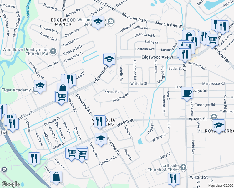 map of restaurants, bars, coffee shops, grocery stores, and more near 2735 Lippia Road in Jacksonville
