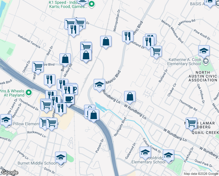 map of restaurants, bars, coffee shops, grocery stores, and more near 9413 Metric Boulevard in Austin