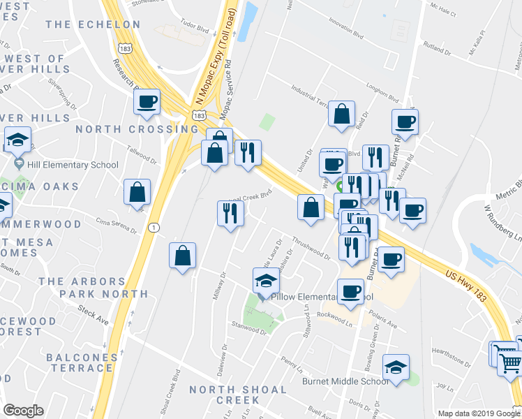 map of restaurants, bars, coffee shops, grocery stores, and more near 3210 Mossrock Drive in Austin