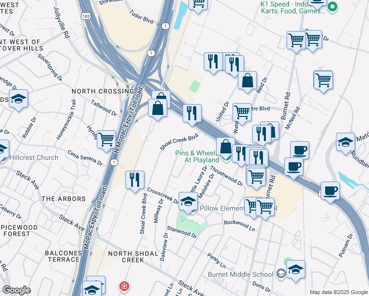 map of restaurants, bars, coffee shops, grocery stores, and more near 3210 Mossrock Drive in Austin