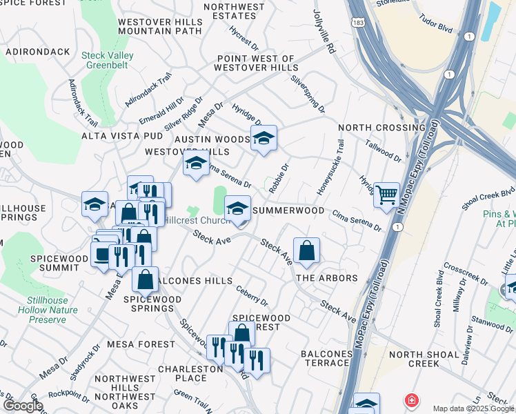 map of restaurants, bars, coffee shops, grocery stores, and more near 8309 Bradford Edward Cove in Austin