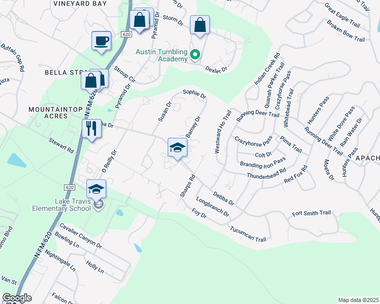 map of restaurants, bars, coffee shops, grocery stores, and more near 1501 Barney Drive in Austin