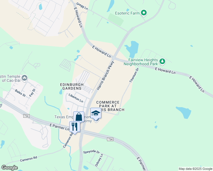 map of restaurants, bars, coffee shops, grocery stores, and more near 12555 Harris Branch Parkway in Manor