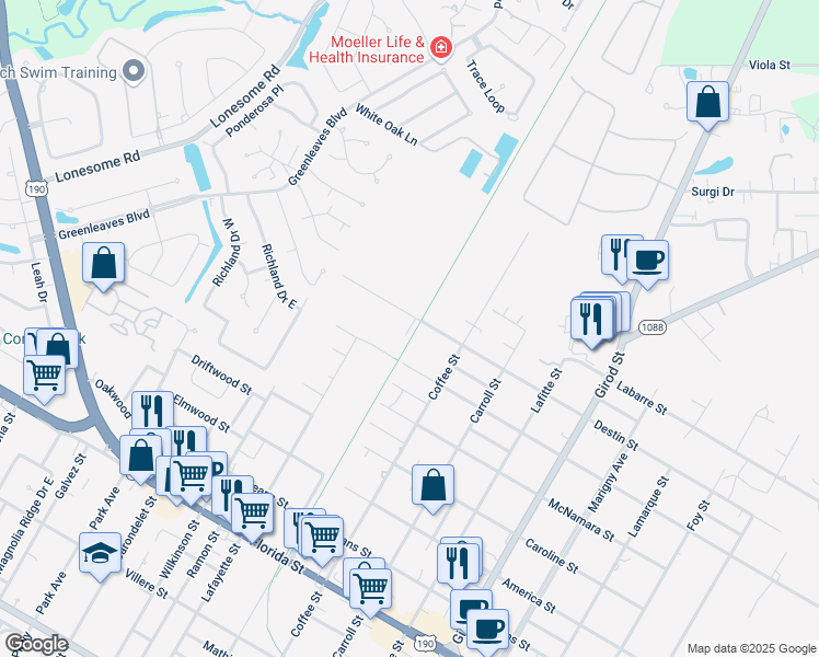 map of restaurants, bars, coffee shops, grocery stores, and more near 2515 Destin Street in Mandeville