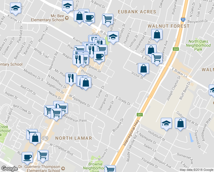 map of restaurants, bars, coffee shops, grocery stores, and more near 103 Provines Drive in Austin