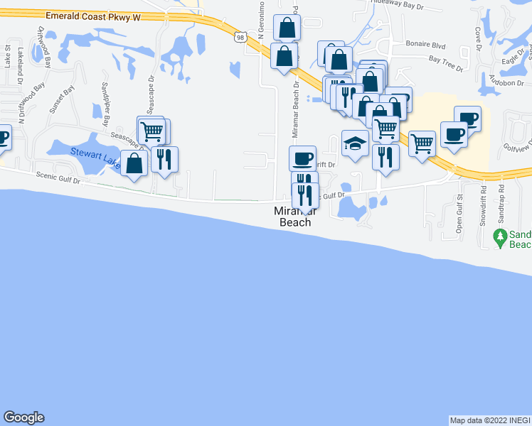 map of restaurants, bars, coffee shops, grocery stores, and more near 747 Scenic Highway 98 in Miramar Beach