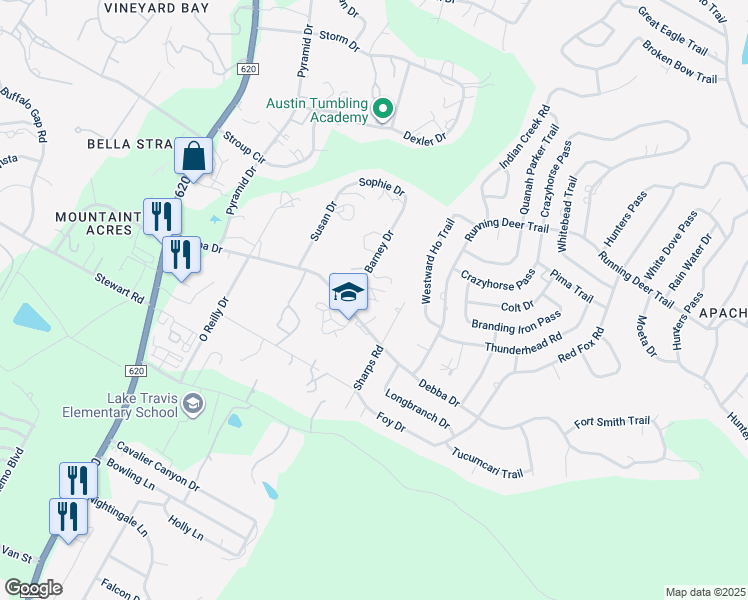 map of restaurants, bars, coffee shops, grocery stores, and more near 1501 Barney Drive in Austin