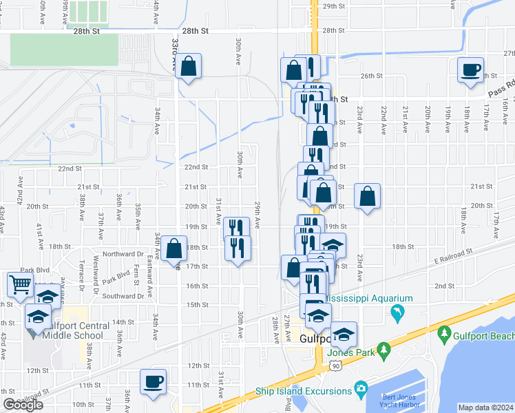 map of restaurants, bars, coffee shops, grocery stores, and more near 2901 20th Street in Gulfport