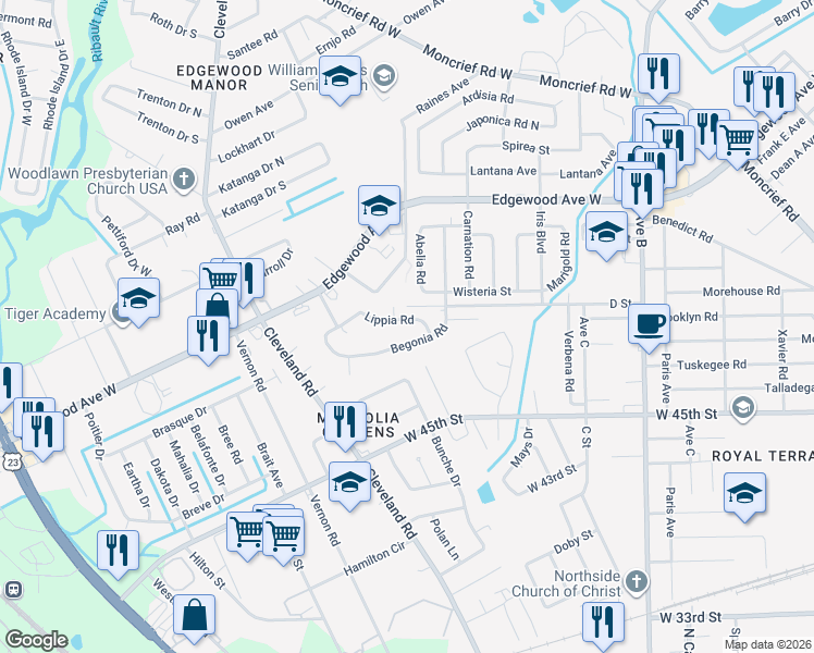 map of restaurants, bars, coffee shops, grocery stores, and more near 2735 Lippia Road in Jacksonville