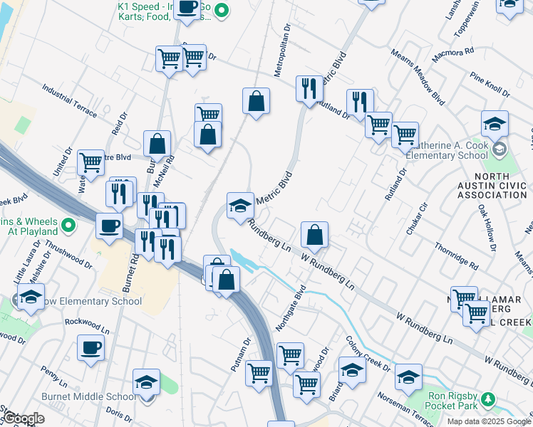 map of restaurants, bars, coffee shops, grocery stores, and more near 9413 Metric Boulevard in Austin
