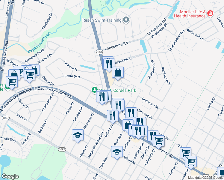 map of restaurants, bars, coffee shops, grocery stores, and more near 1895 U.S. Highway 190 in Mandeville