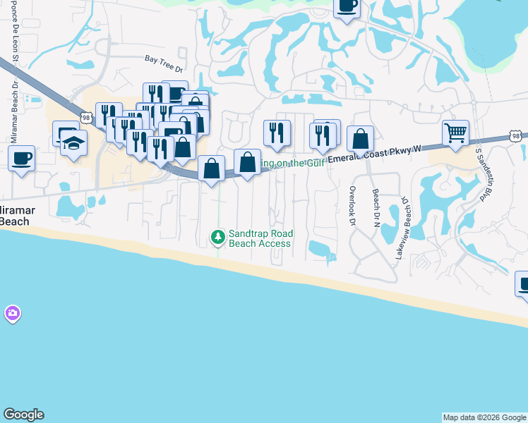 map of restaurants, bars, coffee shops, grocery stores, and more near 27 Casting Lake Road in Miramar Beach