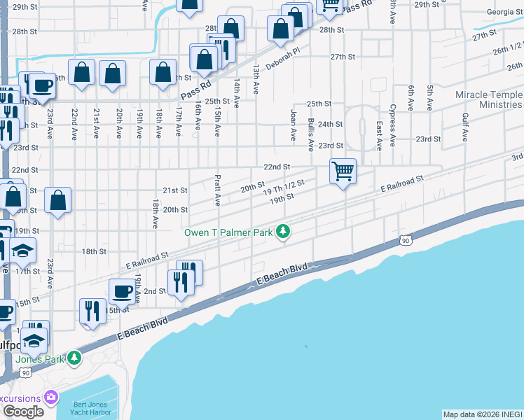 map of restaurants, bars, coffee shops, grocery stores, and more near 1400-1498 19th Street in Gulfport