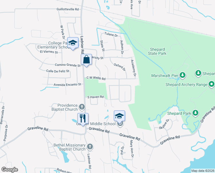 map of restaurants, bars, coffee shops, grocery stores, and more near 2118 Woodbury Rd in Gautier