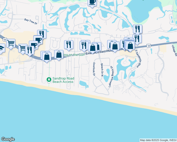 map of restaurants, bars, coffee shops, grocery stores, and more near Hidden Dunes Drive East in Miramar Beach