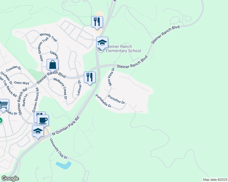 map of restaurants, bars, coffee shops, grocery stores, and more near 12009 Tarraza Court in Austin