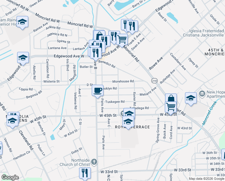 map of restaurants, bars, coffee shops, grocery stores, and more near 2101 Brooklyn Road in Jacksonville