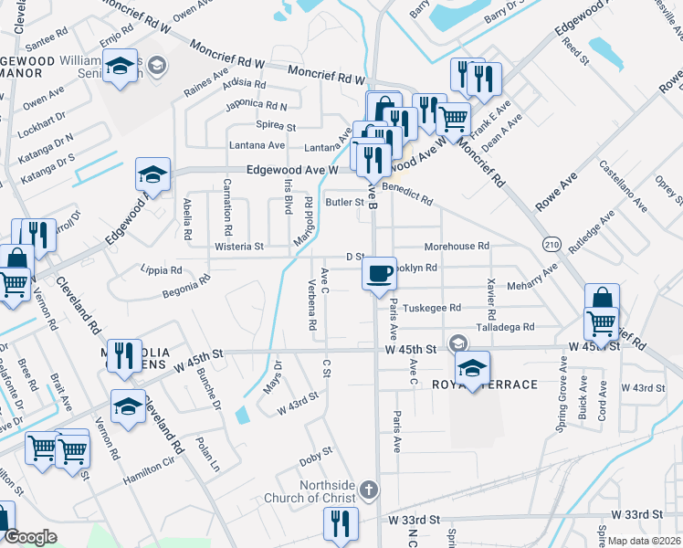 map of restaurants, bars, coffee shops, grocery stores, and more near 2334 D Street in Jacksonville