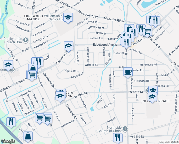 map of restaurants, bars, coffee shops, grocery stores, and more near 2560 D Street in Jacksonville