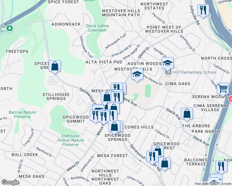 map of restaurants, bars, coffee shops, grocery stores, and more near 4121 Steck Avenue in Austin