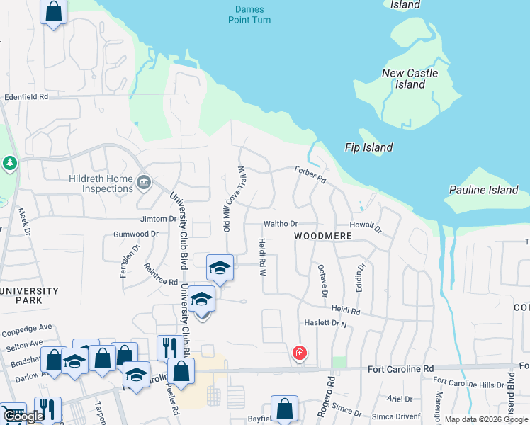 map of restaurants, bars, coffee shops, grocery stores, and more near 4133 Old Mill Cove Trail East in Jacksonville