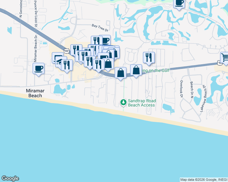 map of restaurants, bars, coffee shops, grocery stores, and more near 114 Main Sail Drive in Miramar Beach