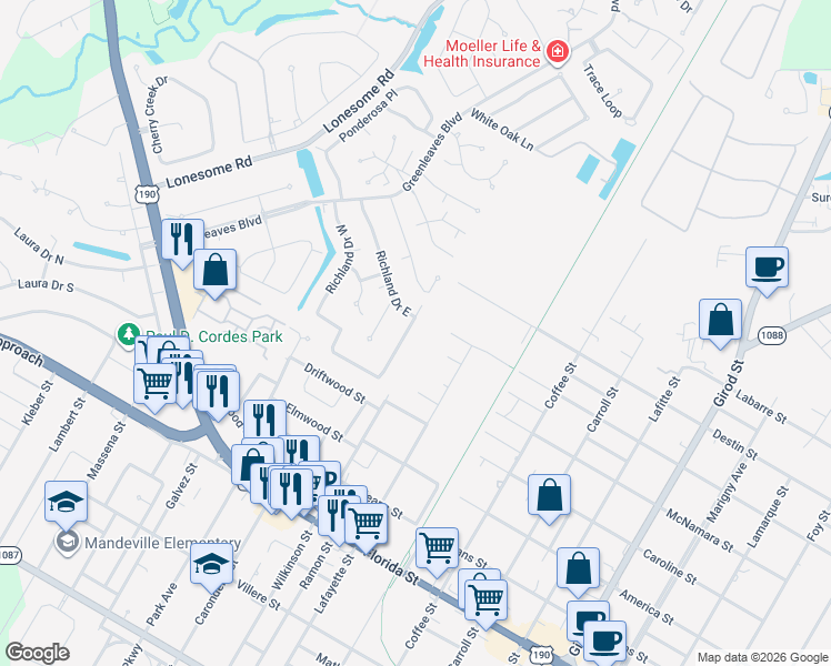 map of restaurants, bars, coffee shops, grocery stores, and more near 227 Richland Drive East in Mandeville