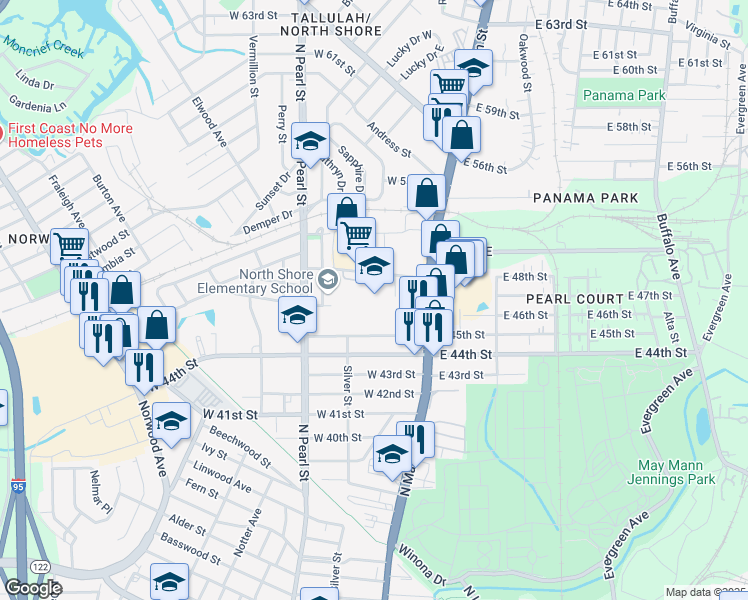 map of restaurants, bars, coffee shops, grocery stores, and more near 5701 Silver Plaza in Jacksonville