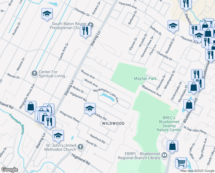 map of restaurants, bars, coffee shops, grocery stores, and more near 9227 Boone Avenue in Baton Rouge