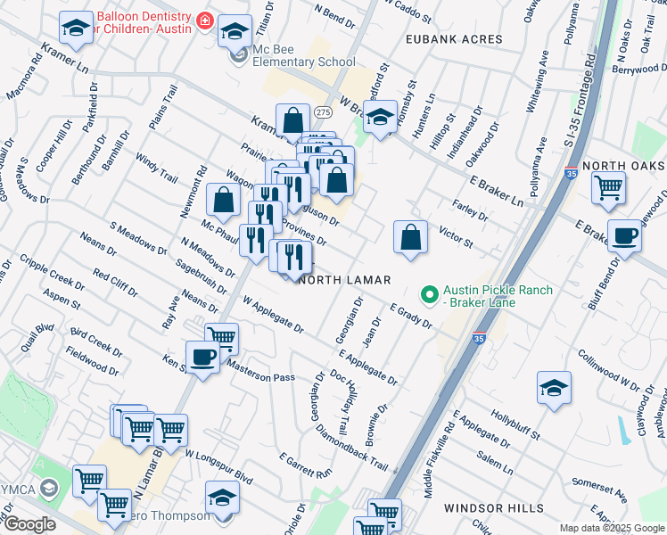 map of restaurants, bars, coffee shops, grocery stores, and more near 205 Provines Drive in Austin