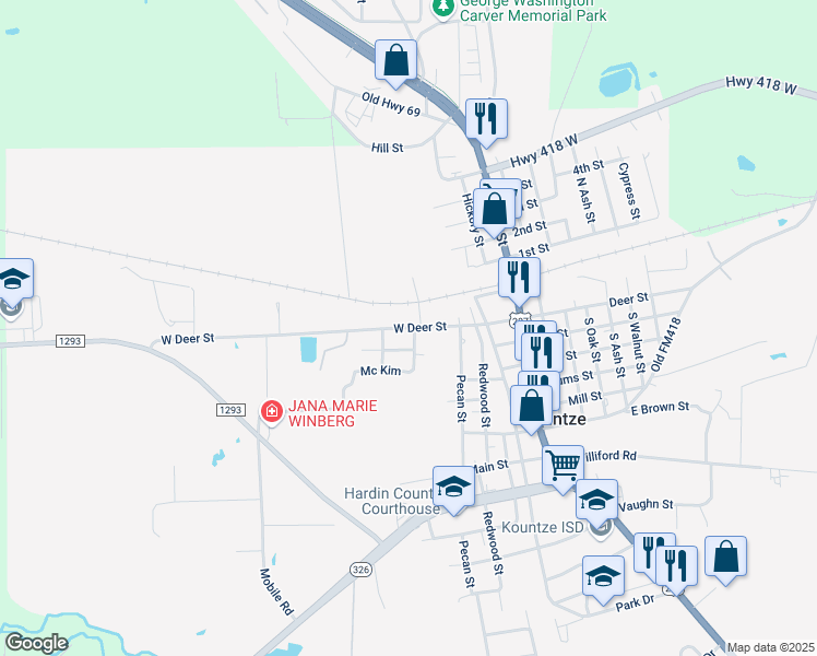 map of restaurants, bars, coffee shops, grocery stores, and more near 540 West Deer Street in Kountze