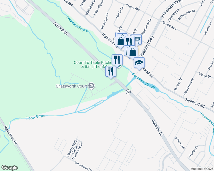 map of restaurants, bars, coffee shops, grocery stores, and more near 2 South Kenilworth Parkway in Baton Rouge