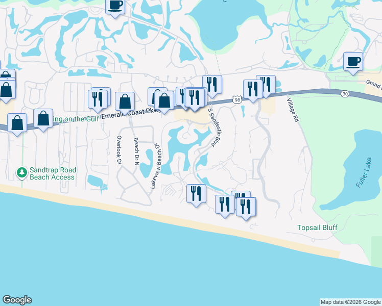 map of restaurants, bars, coffee shops, grocery stores, and more near 5059 Beachwalk Way in Miramar Beach