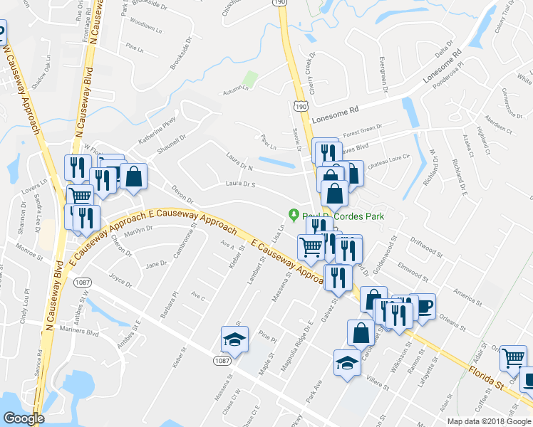 map of restaurants, bars, coffee shops, grocery stores, and more near 138 Devon Drive in Mandeville