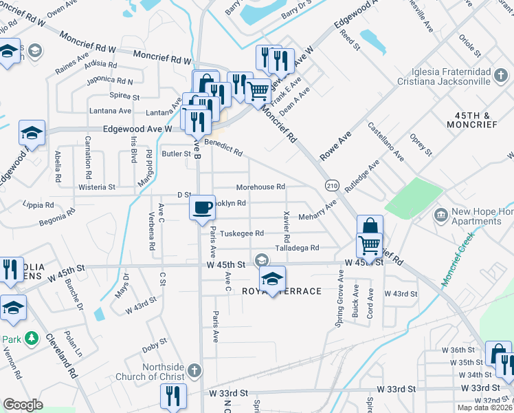map of restaurants, bars, coffee shops, grocery stores, and more near 2101 Brooklyn Road in Jacksonville