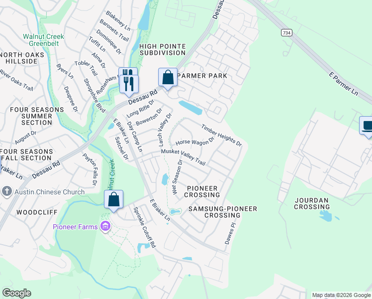 map of restaurants, bars, coffee shops, grocery stores, and more near 2004 Shaker Trail in Austin