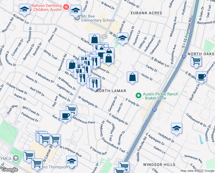 map of restaurants, bars, coffee shops, grocery stores, and more near 205 Provines Drive in Austin